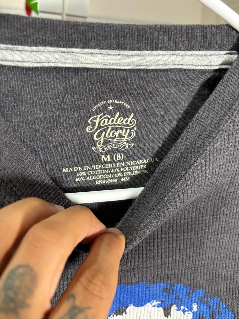 Faded Glory Gray Long-Sleeve Tee with Blue & White Skull Graphic